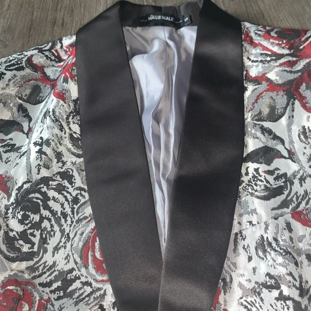 Mage Male Mens Blaze Size SFloral Rose Jacquard Tuxedo Jacket Black Red NWT